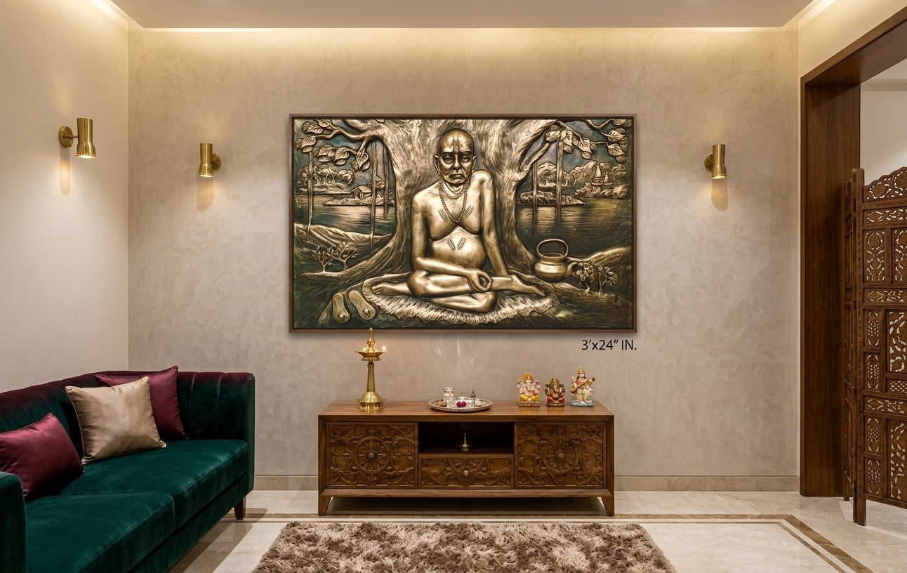 Swami Samarth Under Banyan Tree 3D Relief Mural Wall Art - Room Mockup 1