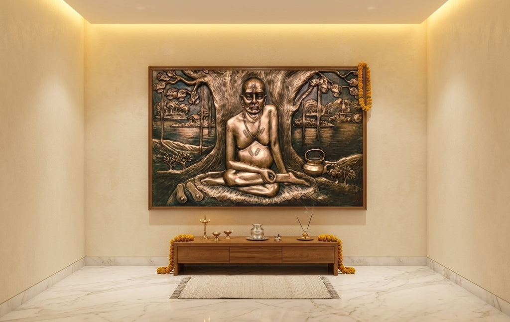 Swami Samarth Under Banyan Tree 3D Relief Mural Wall Art - Room Mockup 2