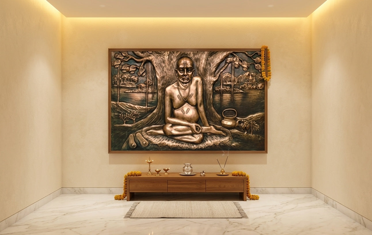 Swami Samarth Under Banyan Tree 3D Relief Mural Wall Art - Room Mockup 2
