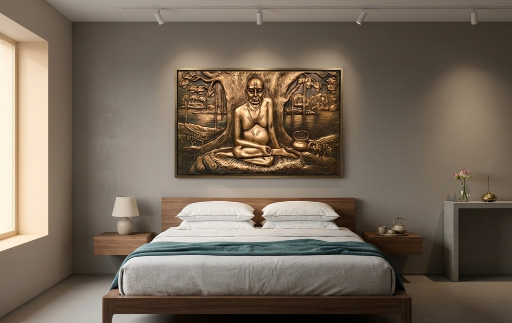 Swami Samarth Under Banyan Tree 3D Relief Mural Wall Art - Room Mockup 3