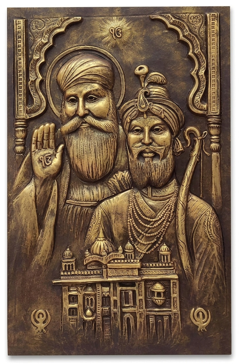 Guru Nanak Dev Ji & Guru Gobind Singh Ji with Golden Temple 3D Relief Wall Art - Studio Detail