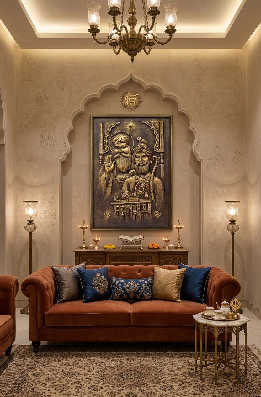 Guru Nanak Dev Ji & Guru Gobind Singh Ji with Golden Temple 3D Relief Wall Art - Room Mockup 1