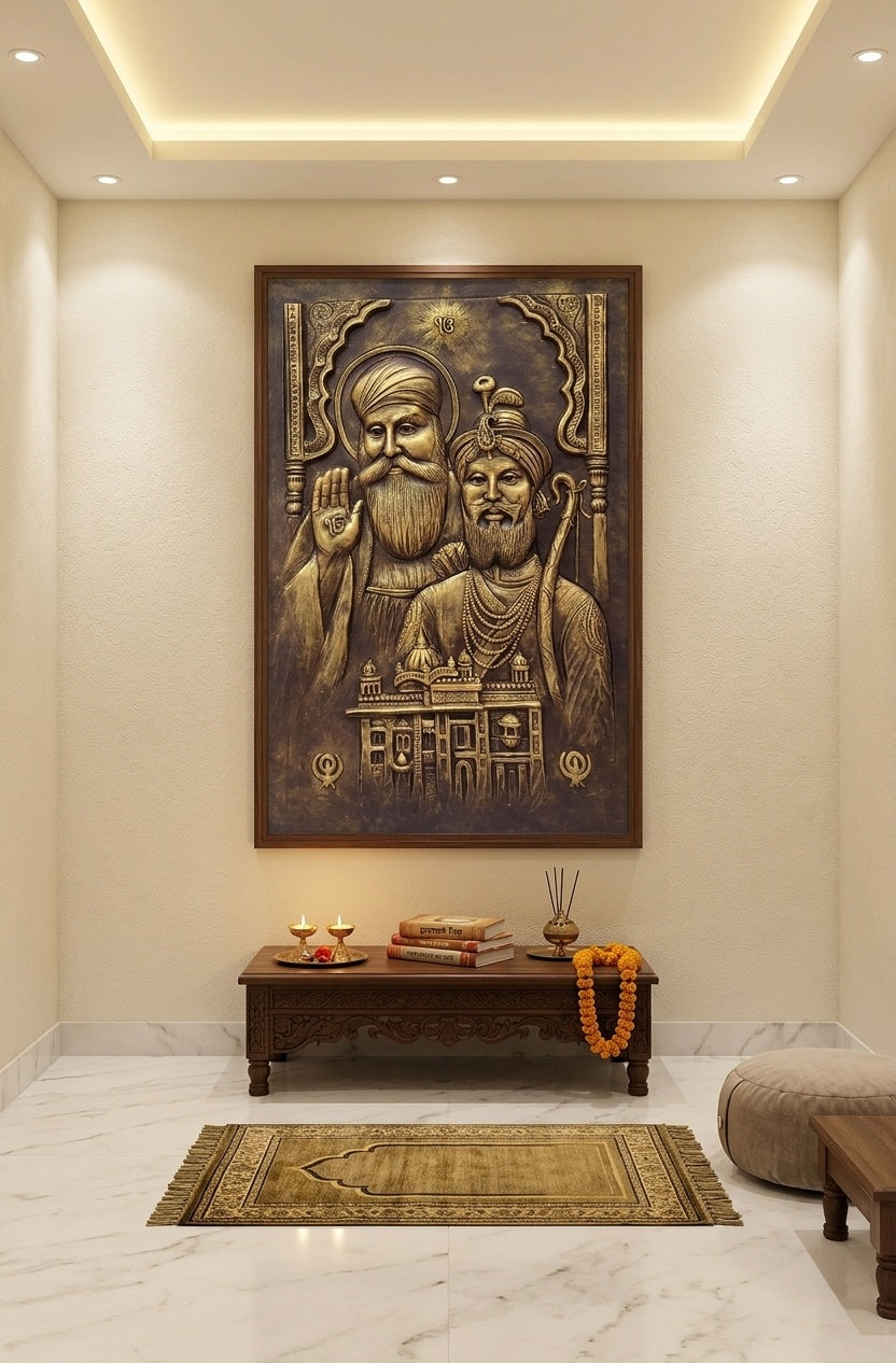 Guru Nanak Dev Ji & Guru Gobind Singh Ji with Golden Temple 3D Relief Wall Art - Room Mockup 2