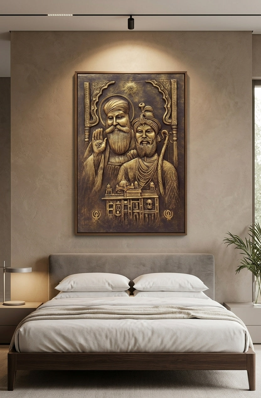 Guru Nanak Dev Ji & Guru Gobind Singh Ji with Golden Temple 3D Relief Wall Art - Room Mockup 3