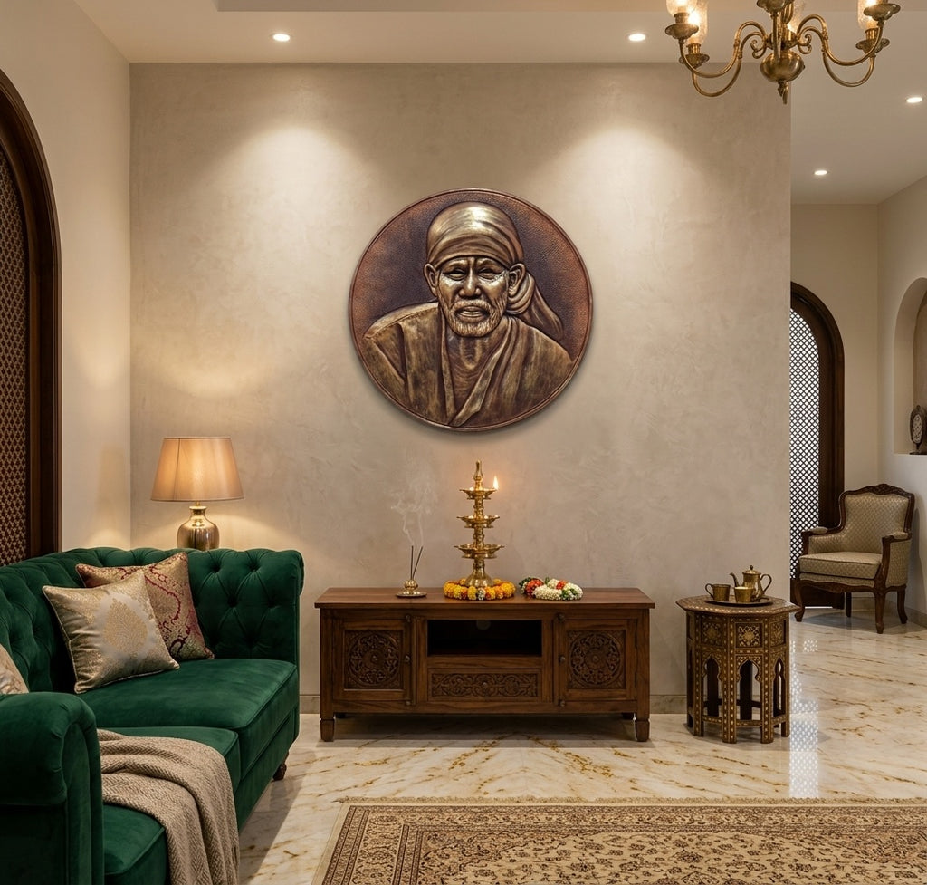 Shirdi Sai Baba Circular 3D Relief Wall Art Mural - Room Mockup 1
