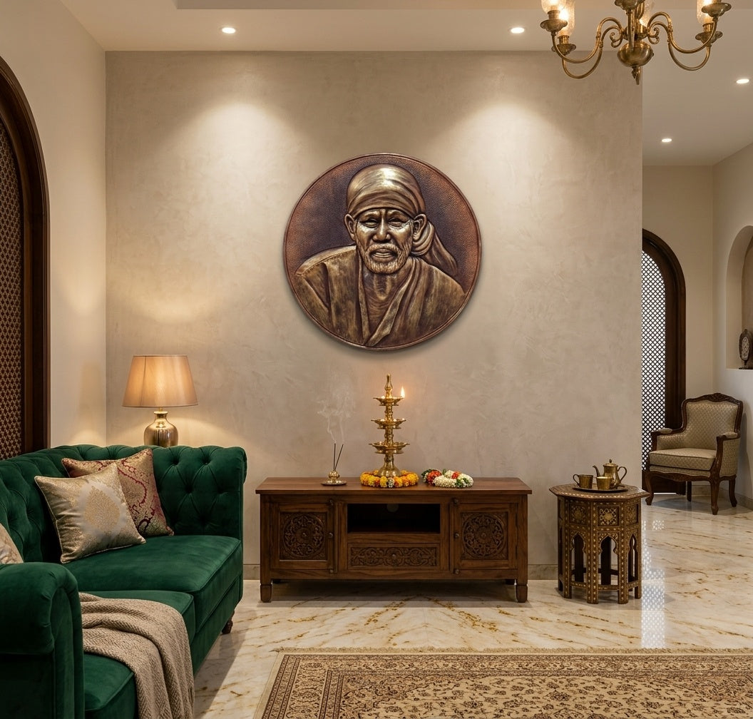 Shirdi Sai Baba Circular 3D Relief Wall Art Mural - Room Mockup 1