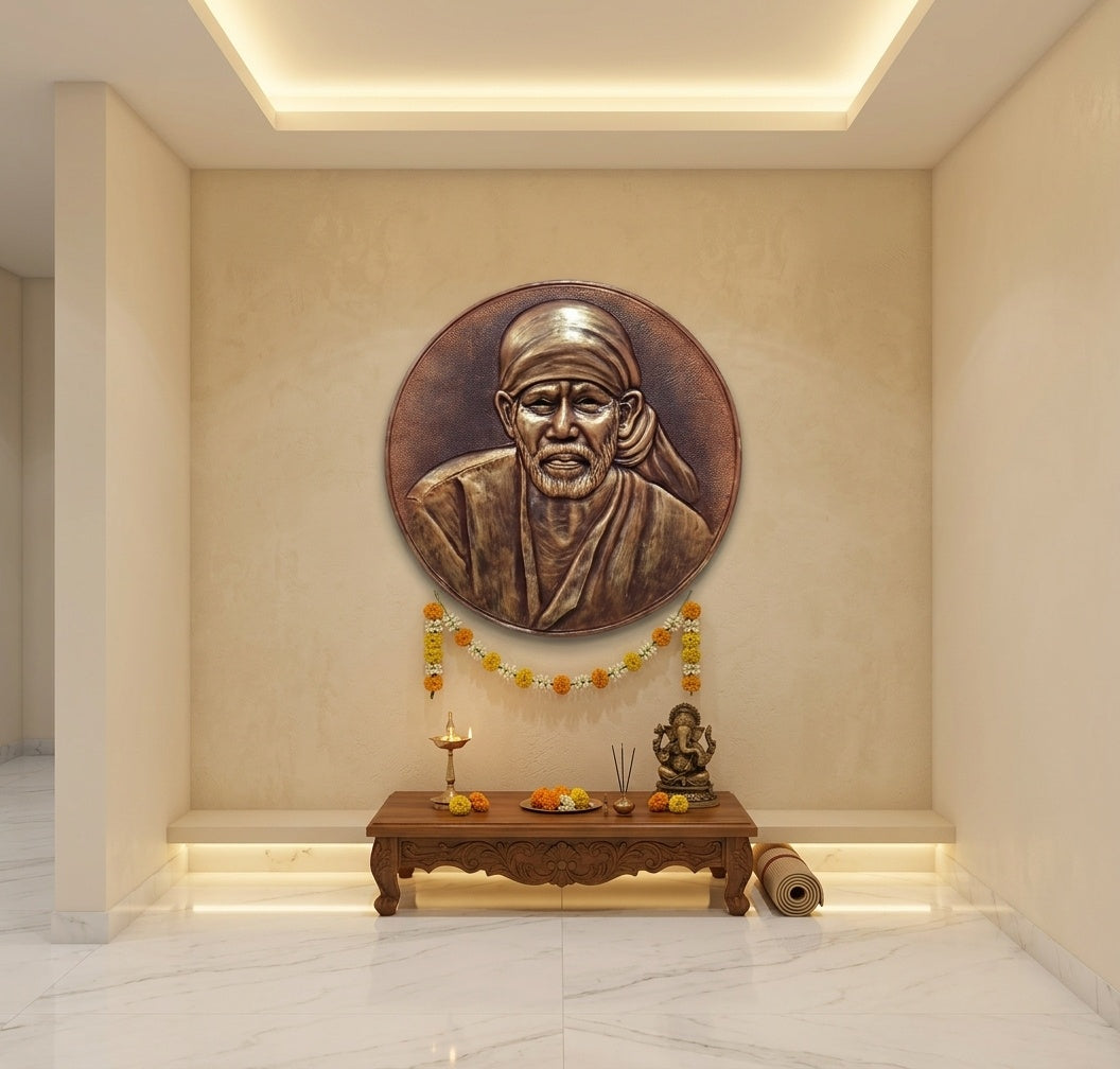 Shirdi Sai Baba Circular 3D Relief Wall Art Mural - Room Mockup 2