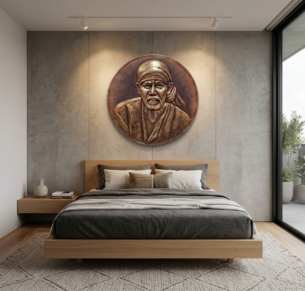 Shirdi Sai Baba Circular 3D Relief Wall Art Mural - Room Mockup 3