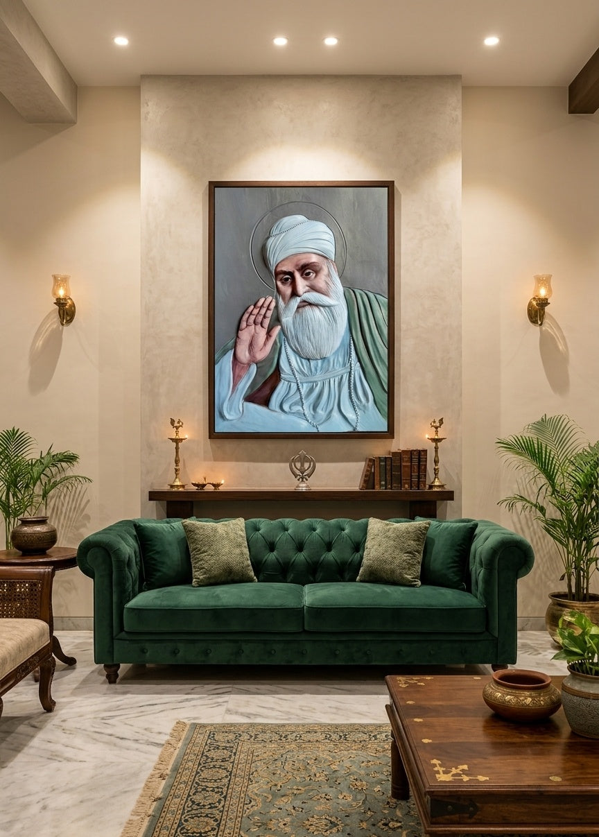Guru Nanak Dev Ji Blessing 3D Relief Wall Art Panel - Room Mockup 1