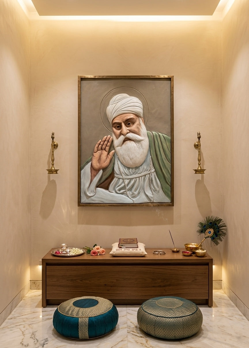 Guru Nanak Dev Ji Blessing 3D Relief Wall Art Panel - Room Mockup 2