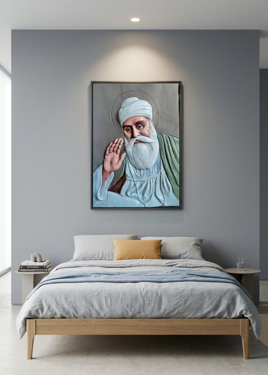 Guru Nanak Dev Ji Blessing 3D Relief Wall Art Panel - Room Mockup 3