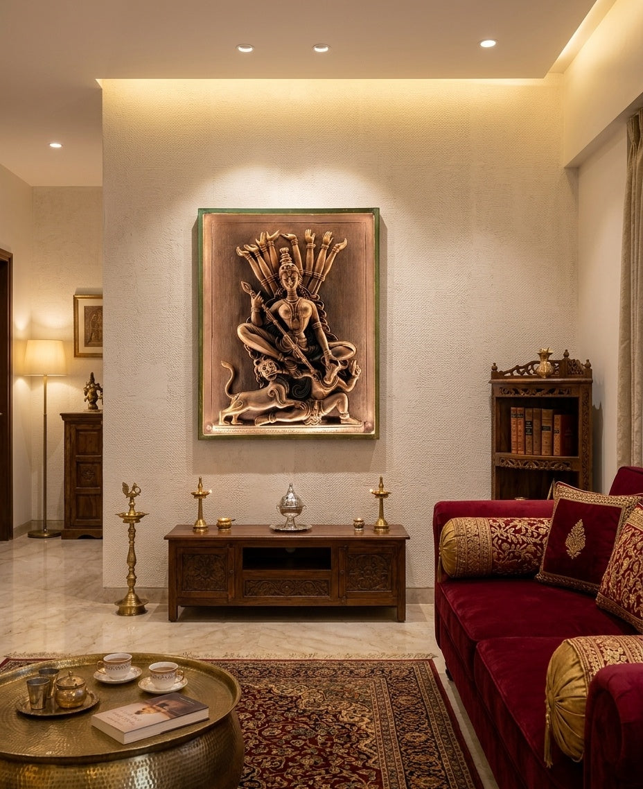 Durga Mahishasuramardini 3D Relief Wall Art Panel - Room Mockup 1