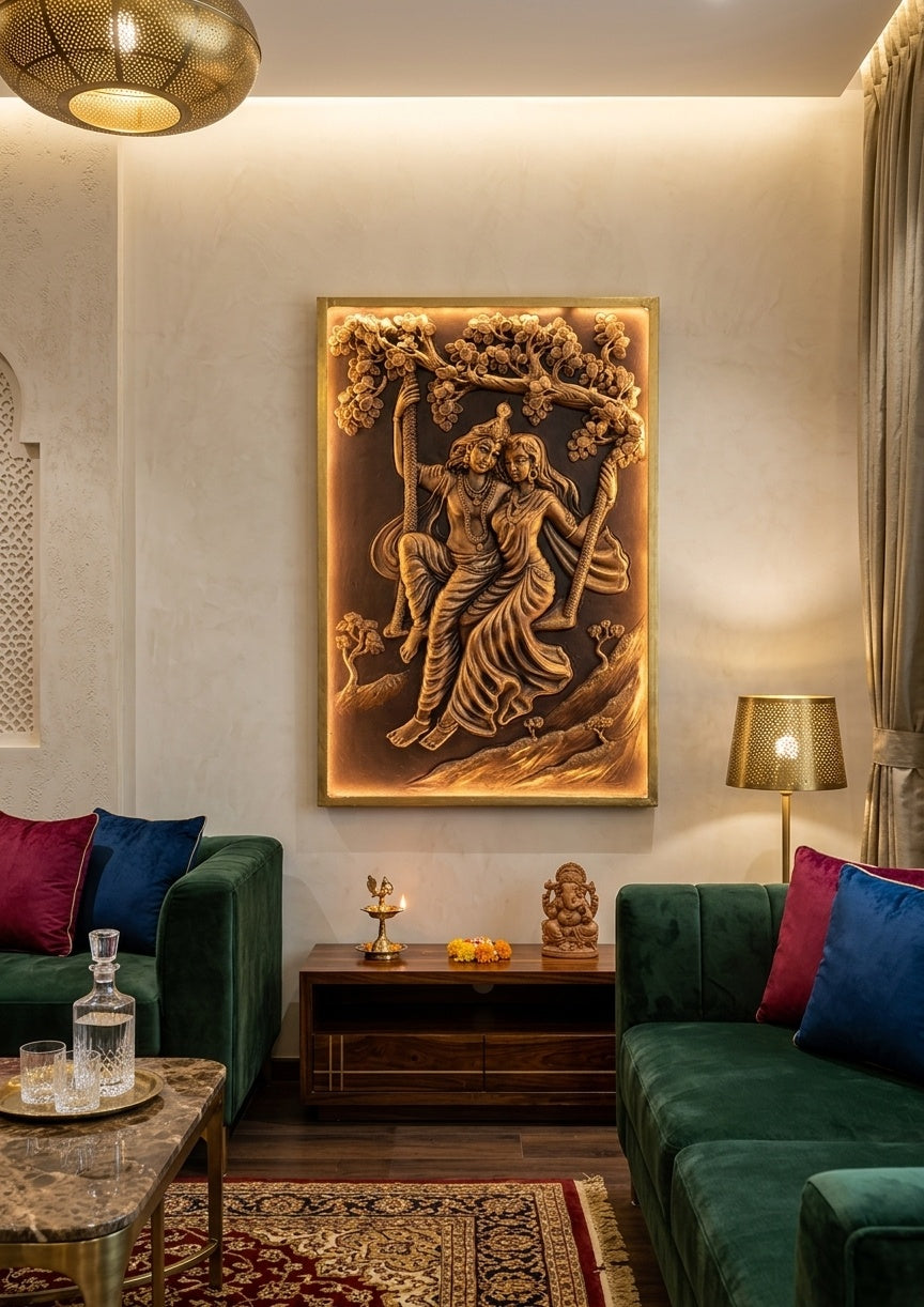 Radha Krishna on Swing 3D Relief Mural Panel - Room Mockup 1