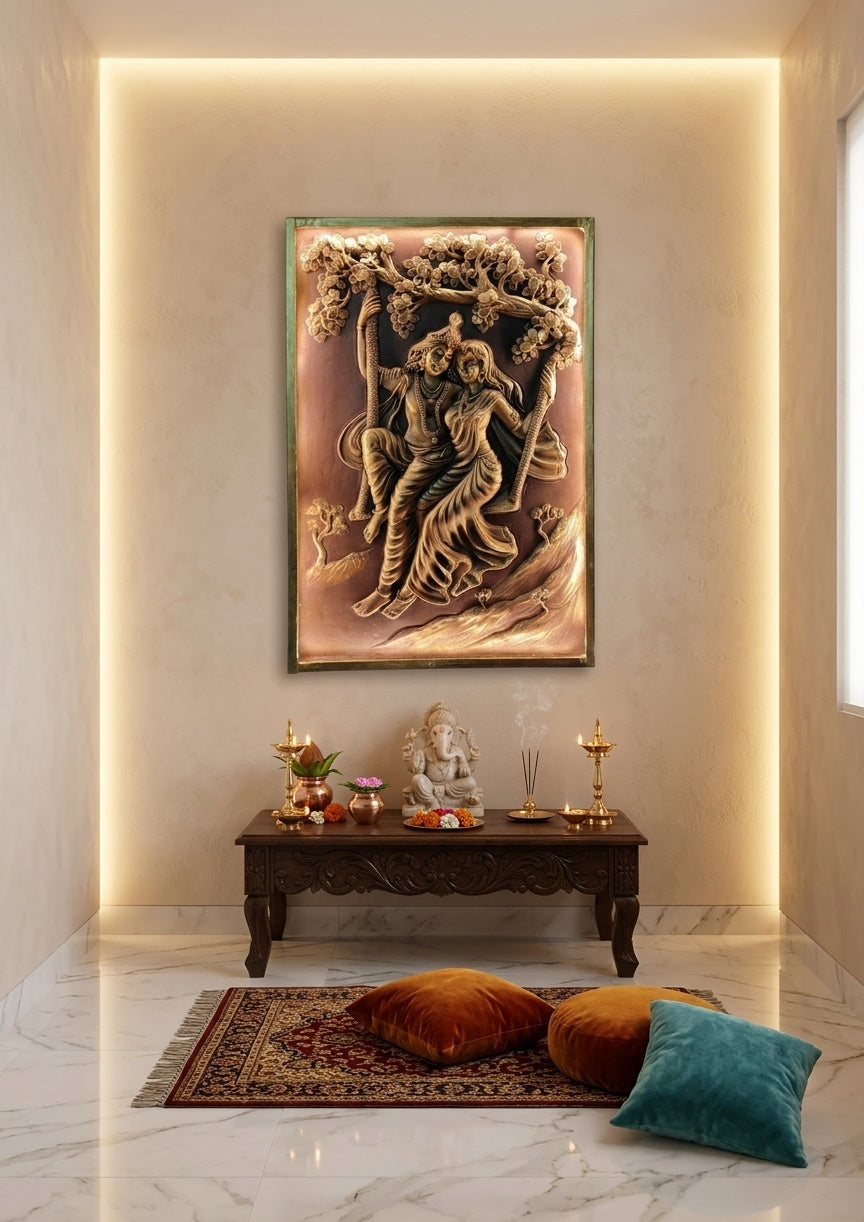 Radha Krishna on Swing 3D Relief Mural Panel - Room Mockup 2