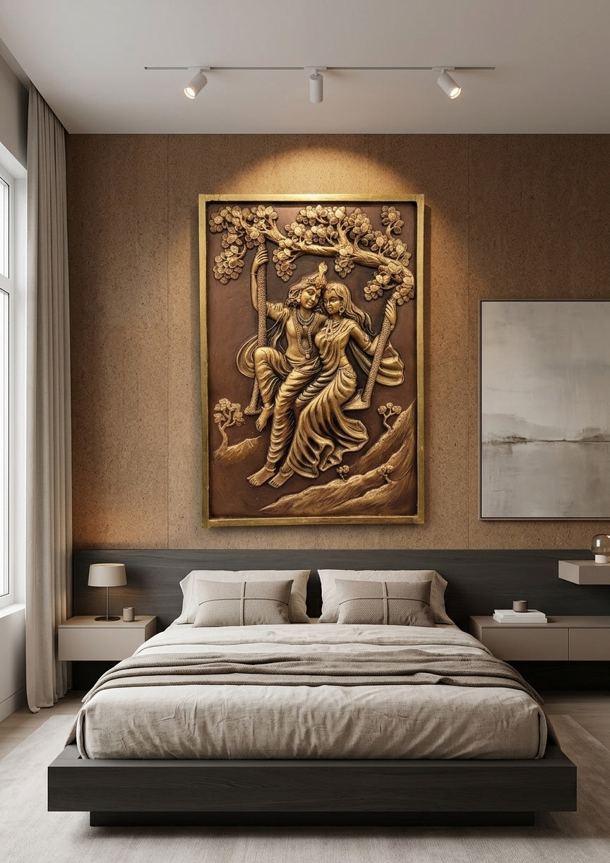 Radha Krishna on Swing 3D Relief Mural Panel - Room Mockup 3