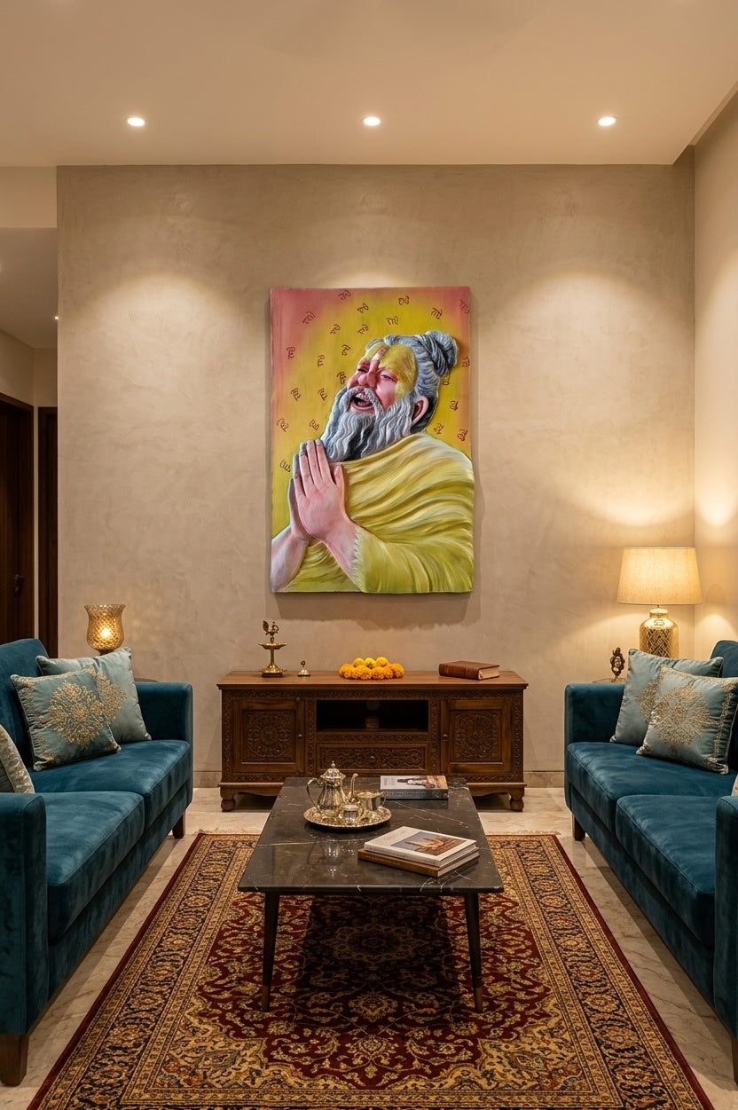 Radhe Radhe Devotee Sadhu 3D Relief Mural Art Panel - Room Mockup 1