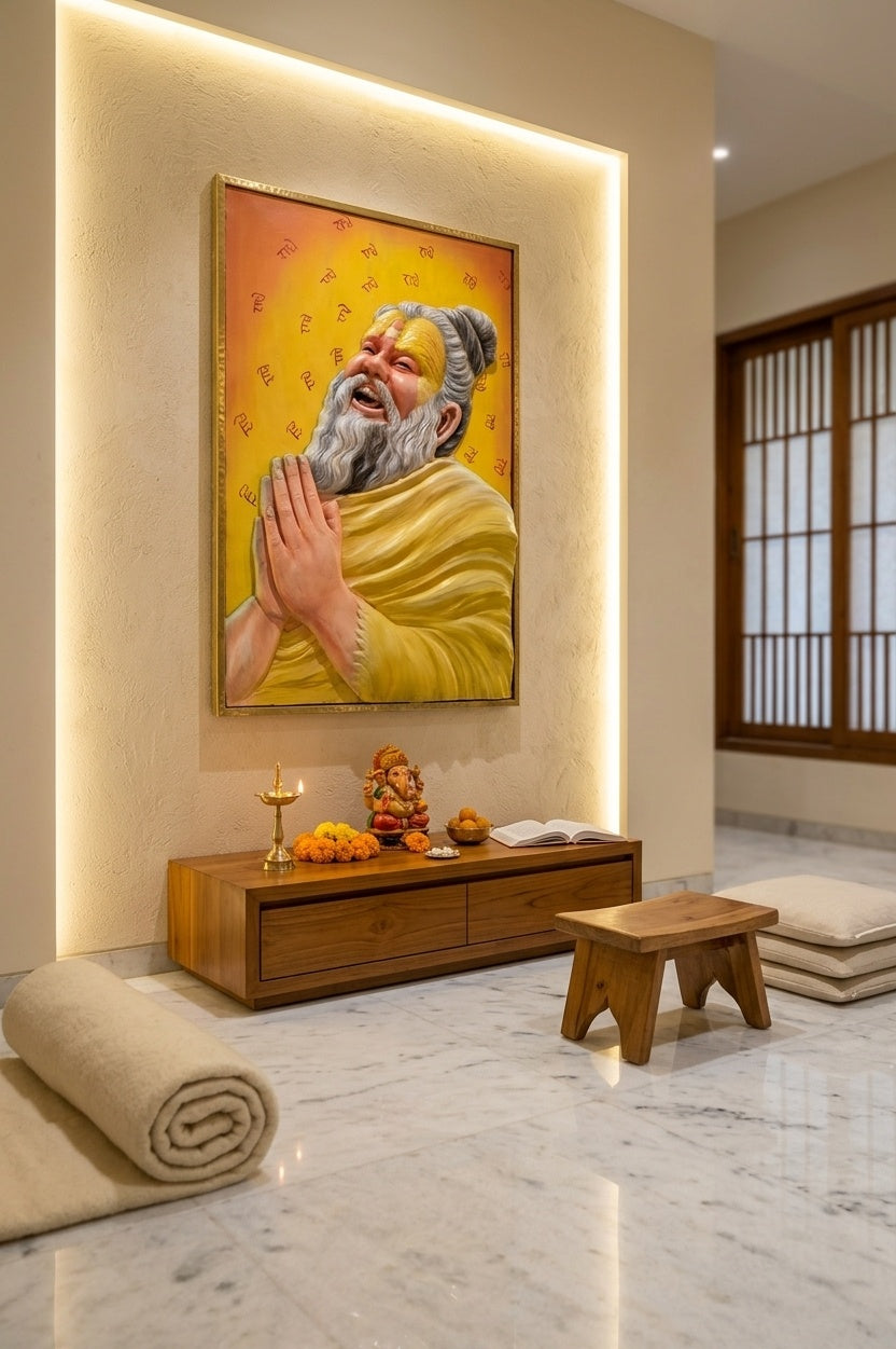 Radhe Radhe Devotee Sadhu 3D Relief Mural Art Panel - Room Mockup 2