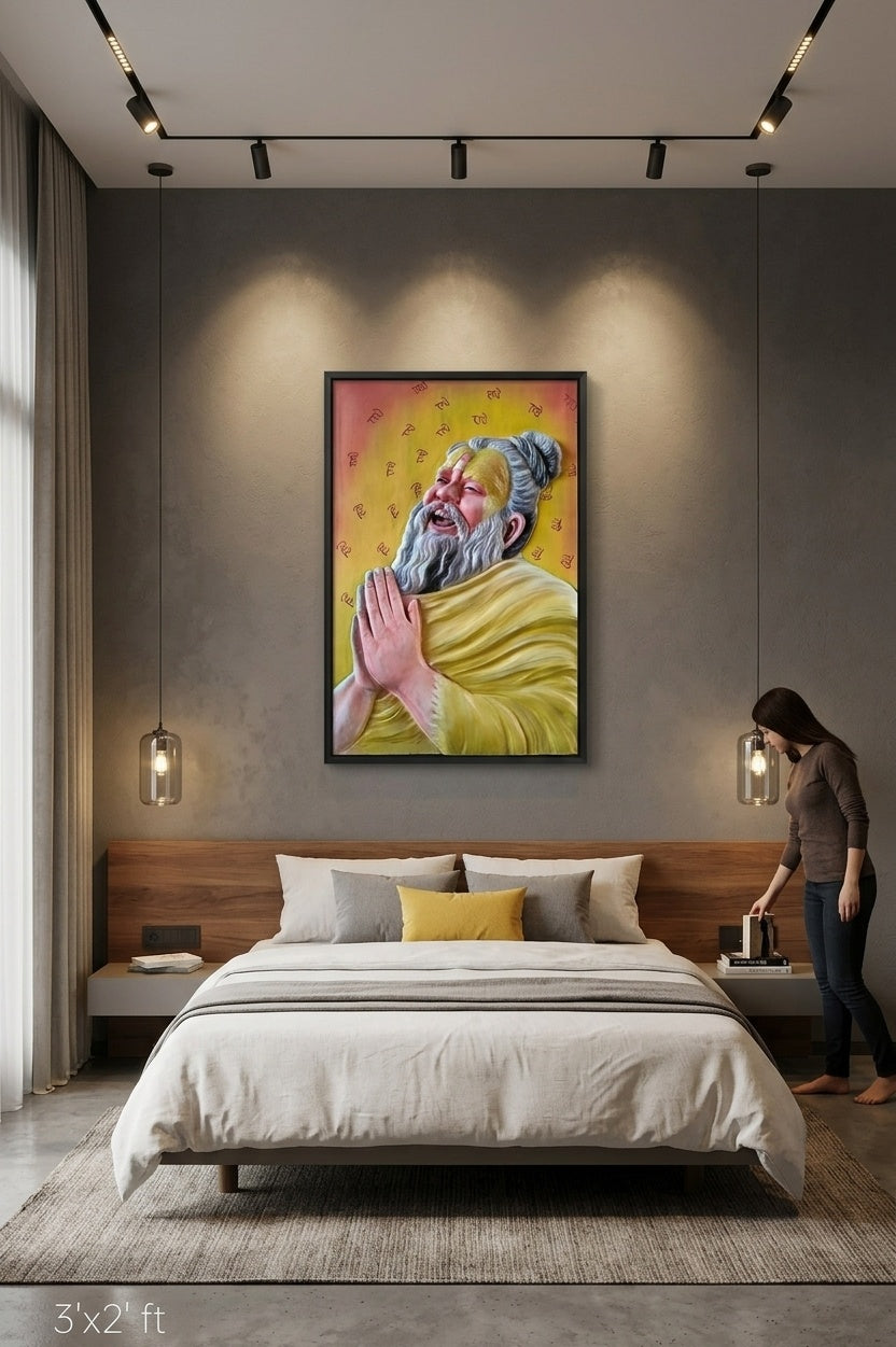 Radhe Radhe Devotee Sadhu 3D Relief Mural Art Panel - Room Mockup 3