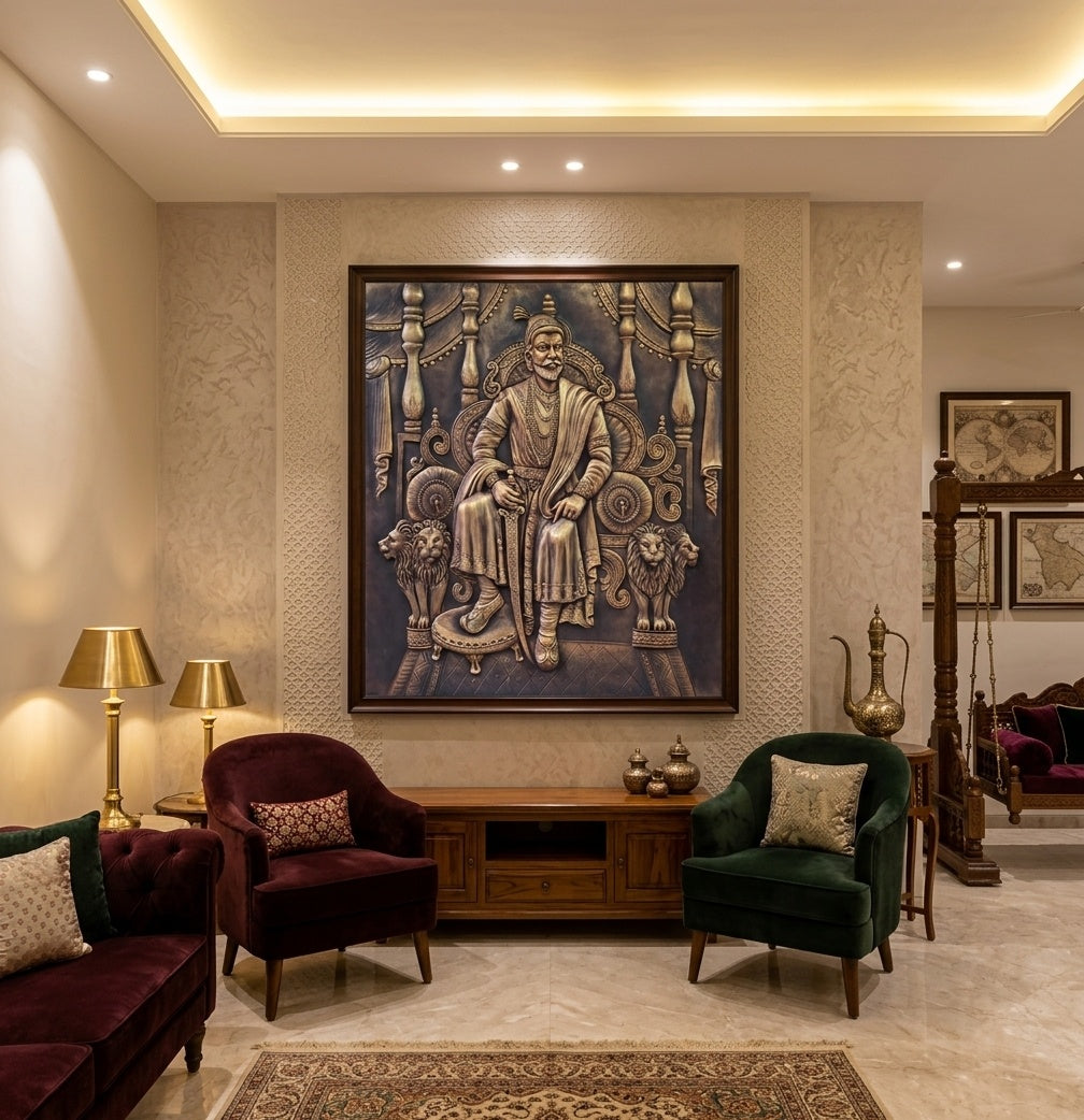 Chhatrapati Shivaji Maharaj Throne 3D Relief Mural Wall Art - Room Mockup 1