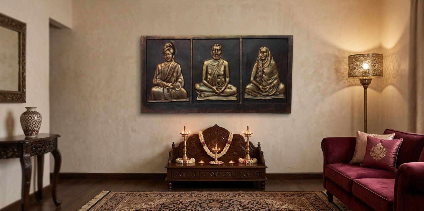 Ramakrishna, Sarada Devi, and Swami Vivekananda 3D Relief Wall Art Panel - Room Mockup 1