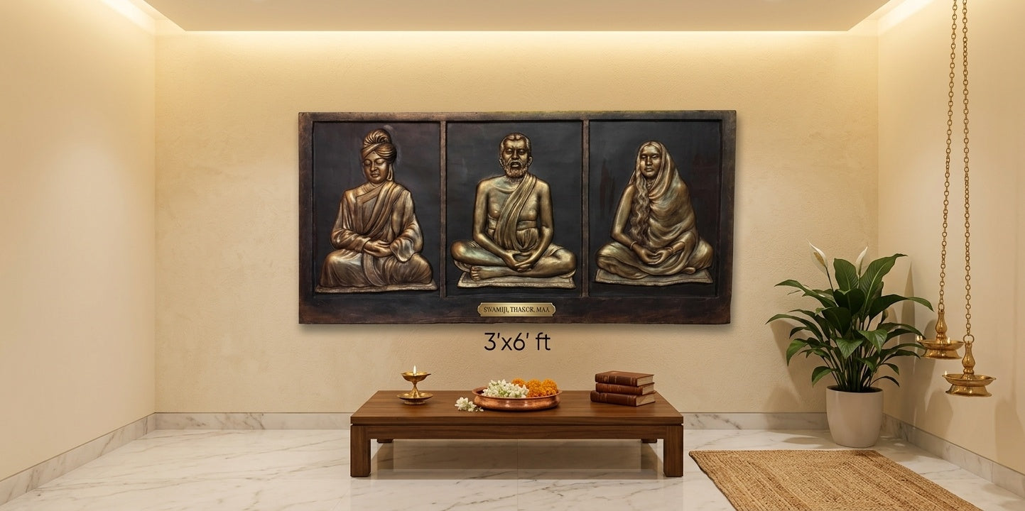 Ramakrishna, Sarada Devi, and Swami Vivekananda 3D Relief Wall Art Panel - Room Mockup 2