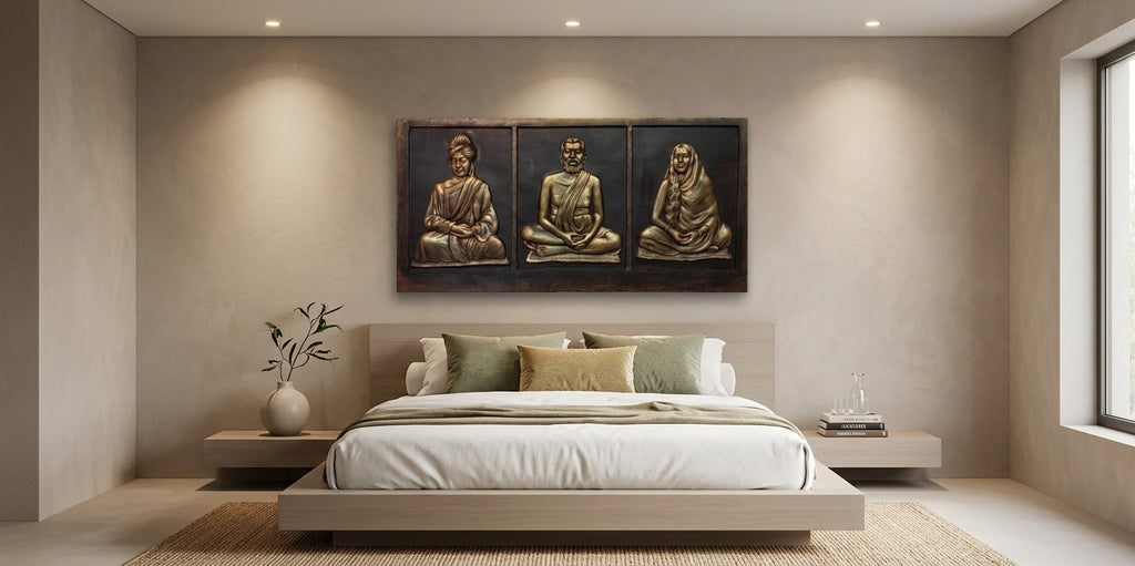 Ramakrishna, Sarada Devi, and Swami Vivekananda 3D Relief Wall Art Panel - Room Mockup 3
