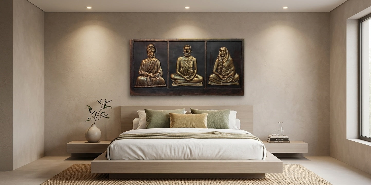 Ramakrishna, Sarada Devi, and Swami Vivekananda 3D Relief Wall Art Panel - Room Mockup 3