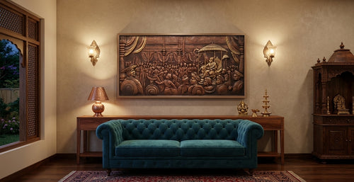 Chhatrapati Shivaji Maharaj Darbar 3D Relief Sculpture Panel - Room Mockup 1