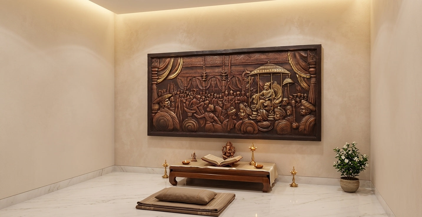 Chhatrapati Shivaji Maharaj Darbar 3D Relief Sculpture Panel - Room Mockup 2