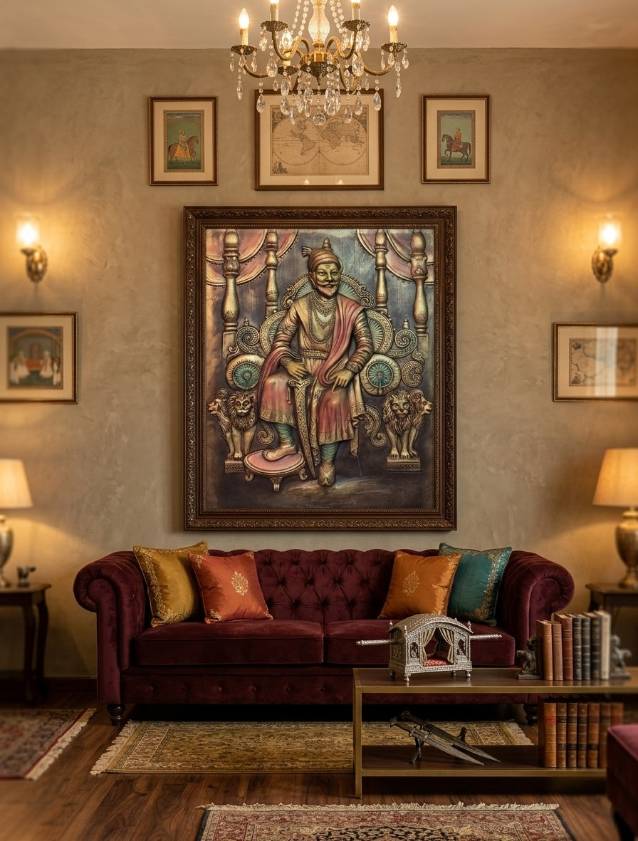 Chhatrapati Shivaji Maharaj on Throne 3D Relief Mural Wall Art - Room Mockup 1