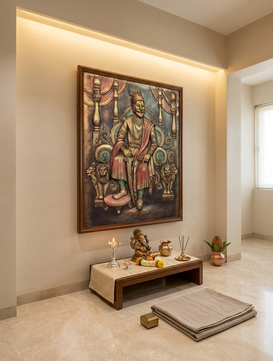 Chhatrapati Shivaji Maharaj on Throne 3D Relief Mural Wall Art - Room Mockup 2