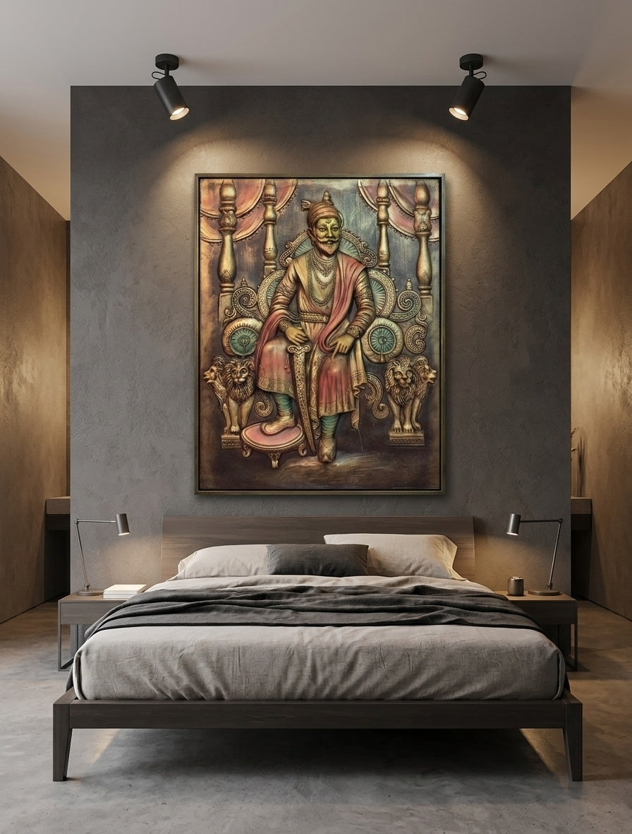 Chhatrapati Shivaji Maharaj on Throne 3D Relief Mural Wall Art - Room Mockup 3