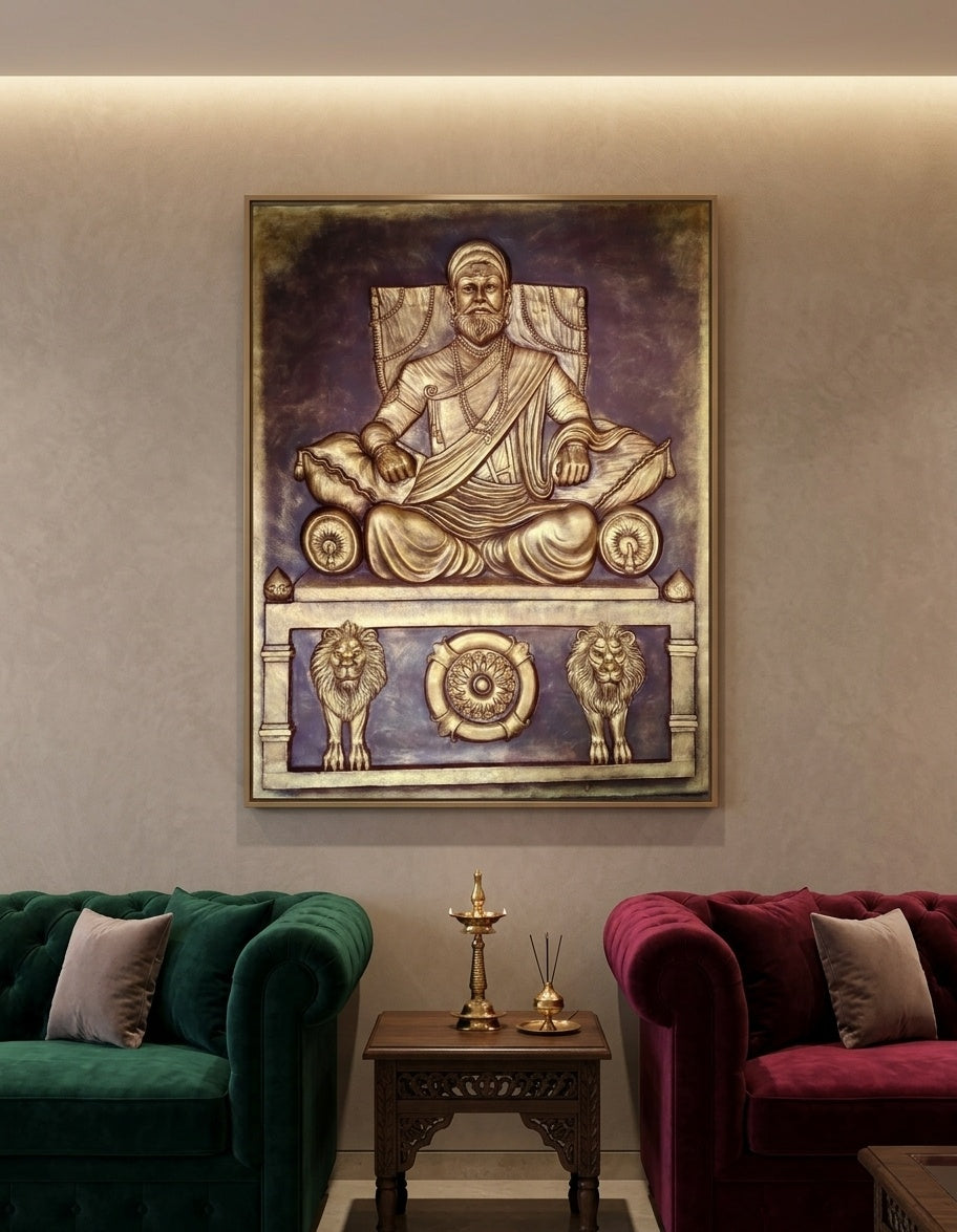 Chhatrapati Shivaji Maharaj on Throne 3D Relief Mural Wall Art - Room Mockup 1