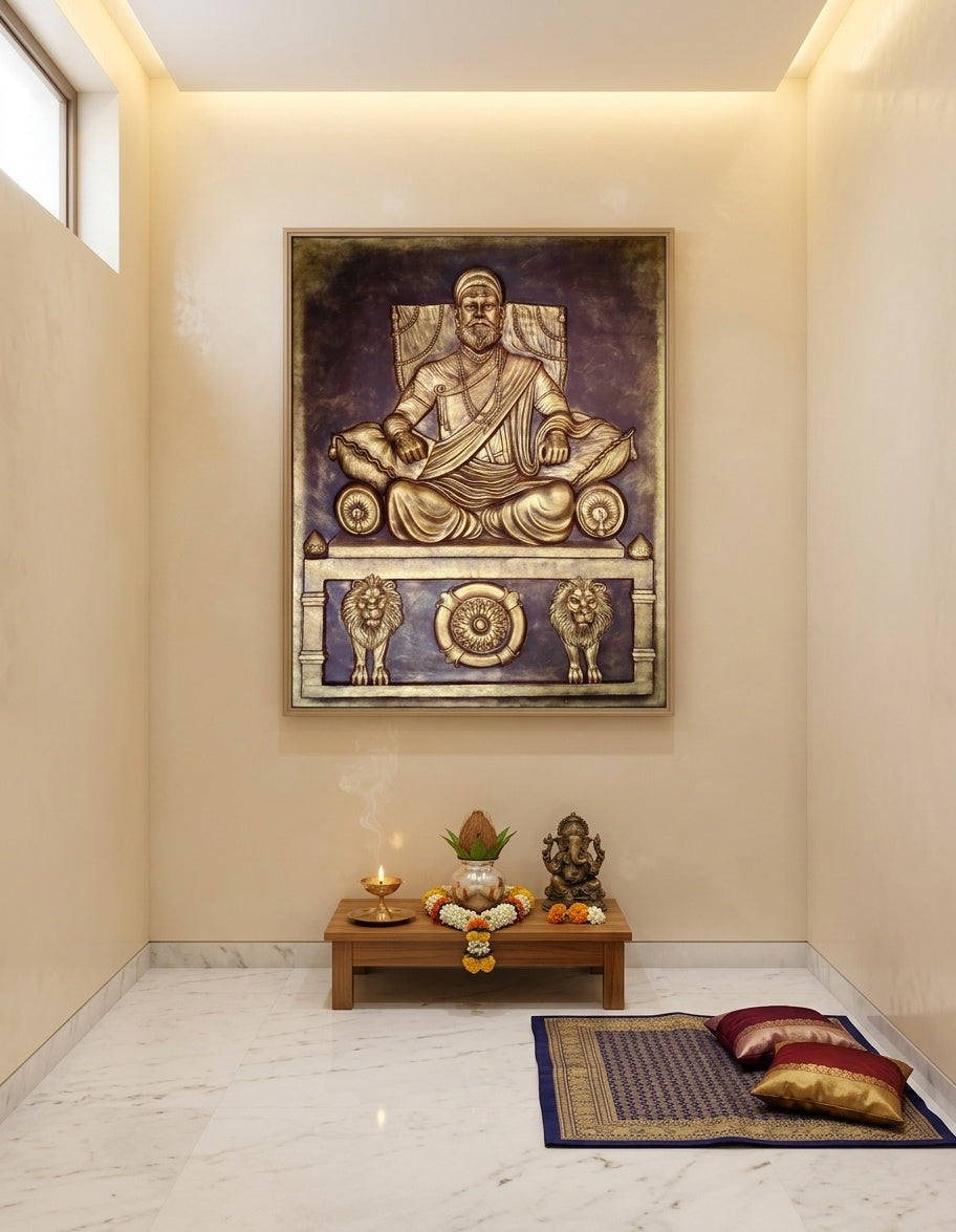 Chhatrapati Shivaji Maharaj on Throne 3D Relief Mural Wall Art - Room Mockup 2