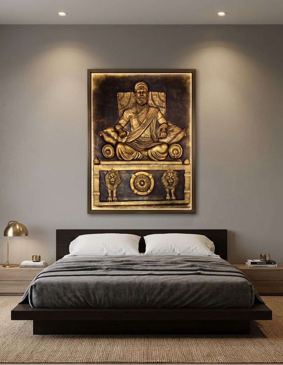 Chhatrapati Shivaji Maharaj on Throne 3D Relief Mural Wall Art - Room Mockup 3