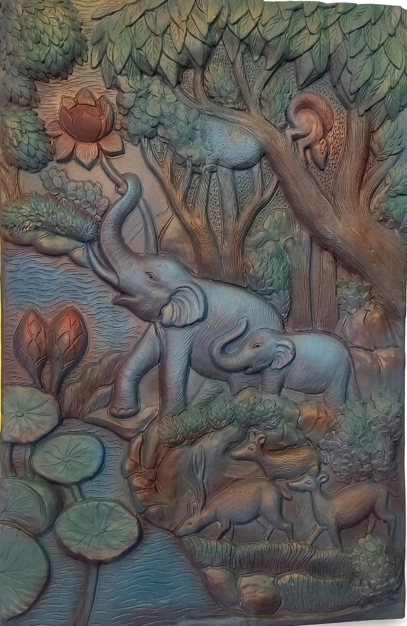 Elephant Family in Forest 3D Relief Sculpture Panel - Studio Detail