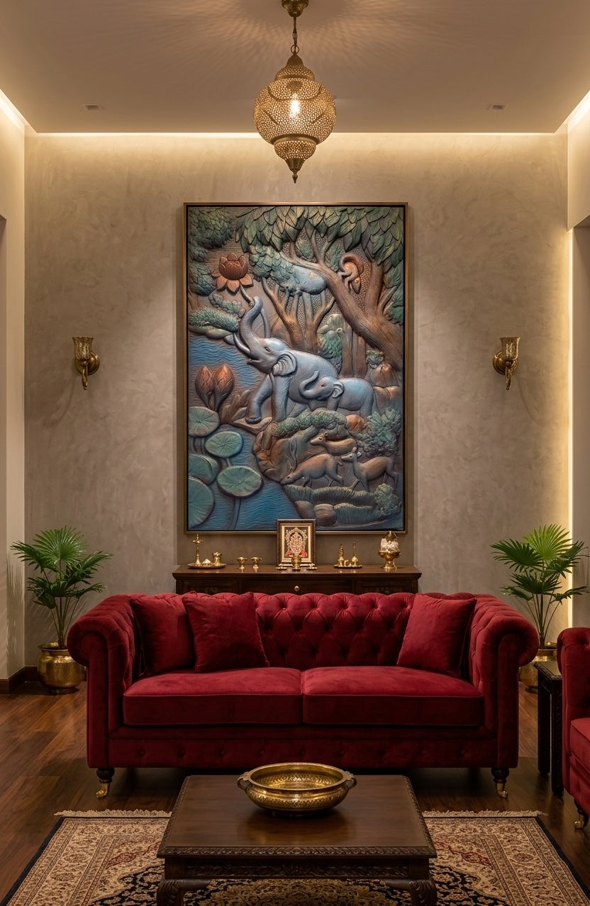 Elephant Family in Forest 3D Relief Sculpture Panel - Room Mockup 1