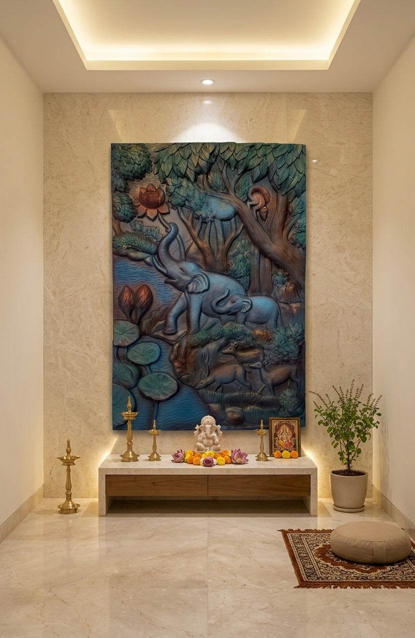 Elephant Family in Forest 3D Relief Sculpture Panel - Room Mockup 2