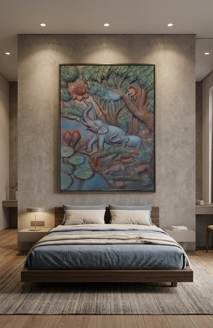 Elephant Family in Forest 3D Relief Sculpture Panel - Room Mockup 3