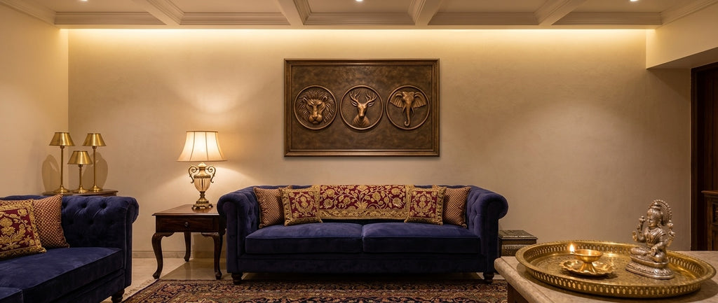 Antique Bronze Wild Animals 3D Relief Wall Art Panel (Set of 3 - Lion, Deer, Elephant) - Room Mockup 1