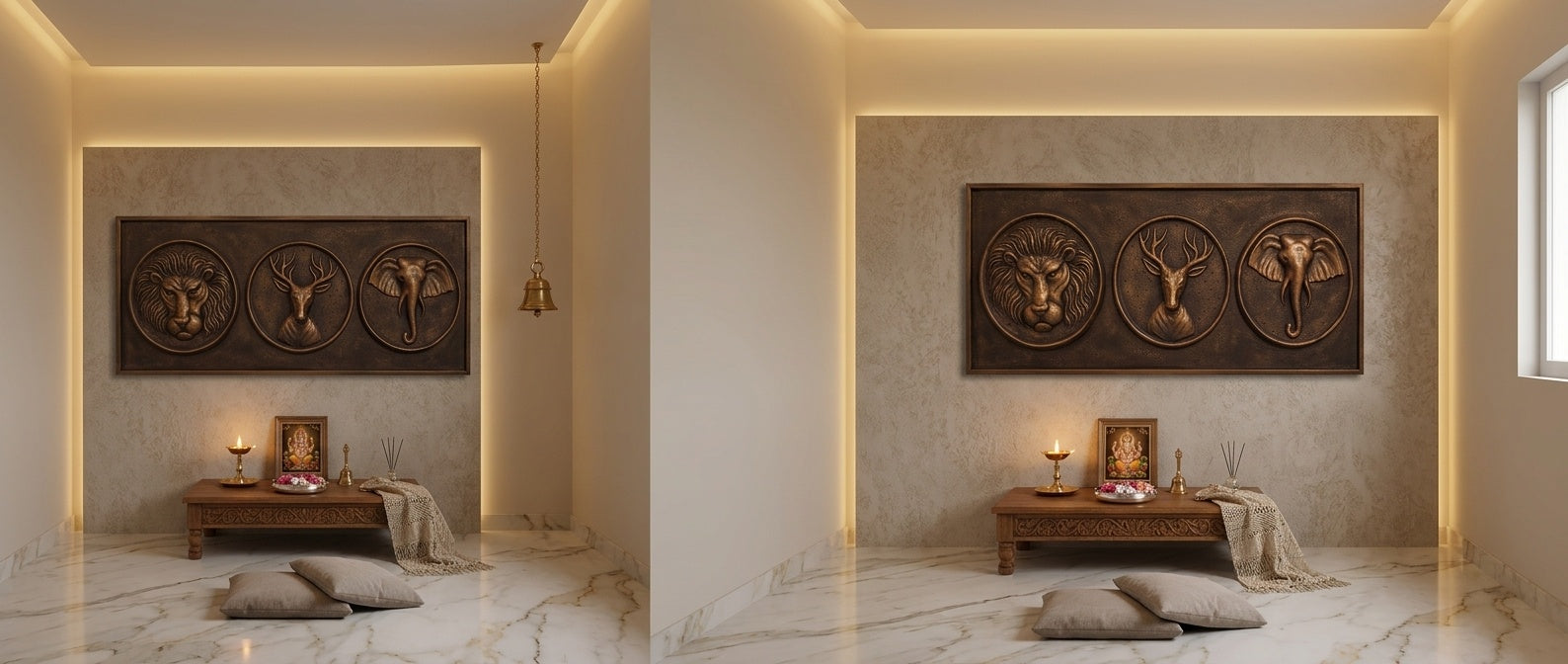 Antique Bronze Wild Animals 3D Relief Wall Art Panel (Set of 3 - Lion, Deer, Elephant) - Room Mockup 2