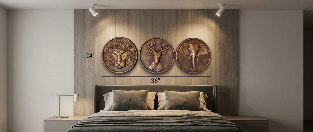 Antique Bronze Wild Animals 3D Relief Wall Art Panel (Set of 3 - Lion, Deer, Elephant) - Room Mockup 3