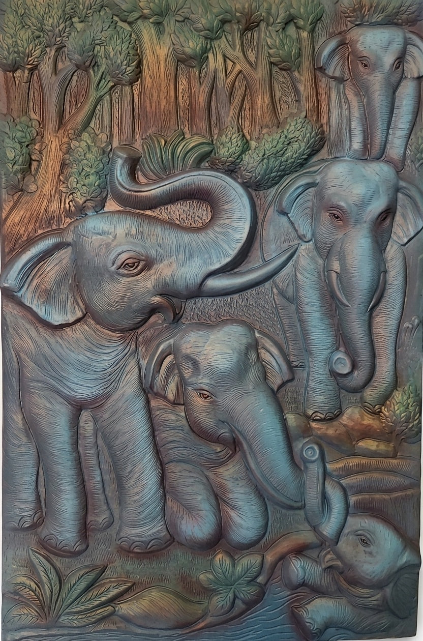 Majestic Elephant Family 3D Relief Sculpture Panel - Studio Detail
