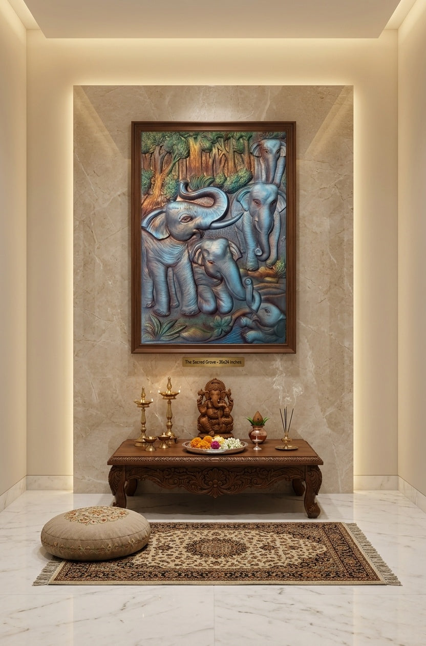 Majestic Elephant Family 3D Relief Sculpture Panel - Room Mockup 2