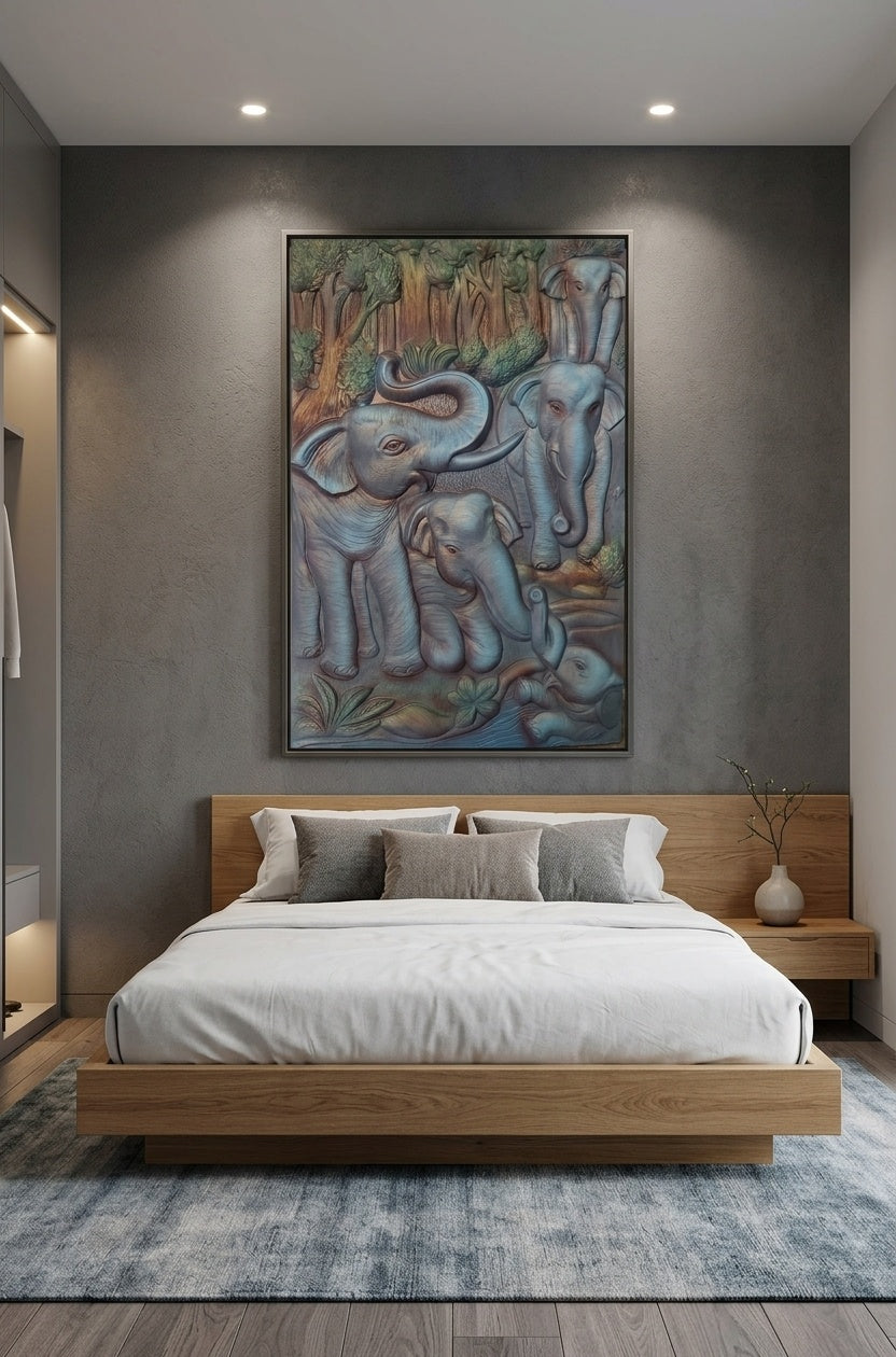 Majestic Elephant Family 3D Relief Sculpture Panel - Room Mockup 3