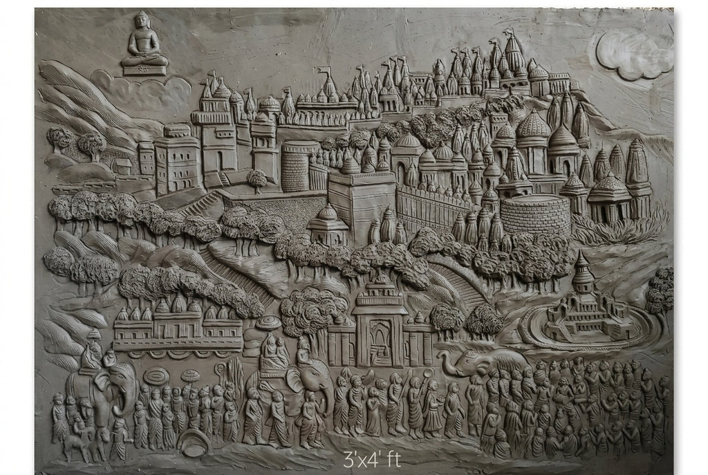 Sacred Temple Pilgrimage with Seated Buddha 3D Relief Sculpture Mural - Studio Detail
