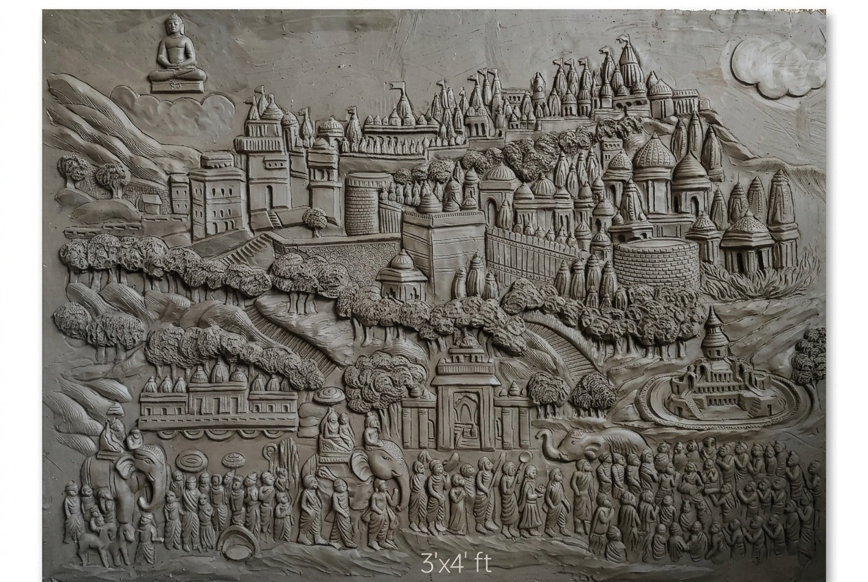 Sacred Temple Pilgrimage with Seated Buddha 3D Relief Sculpture Mural - Studio Detail