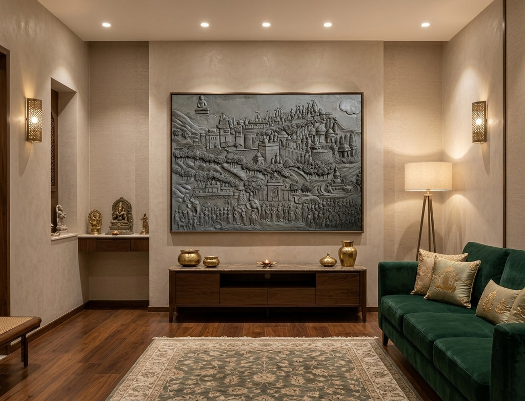 Sacred Temple Pilgrimage with Seated Buddha 3D Relief Sculpture Mural - Room Mockup 1