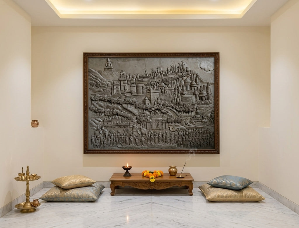 Sacred Temple Pilgrimage with Seated Buddha 3D Relief Sculpture Mural - Room Mockup 2