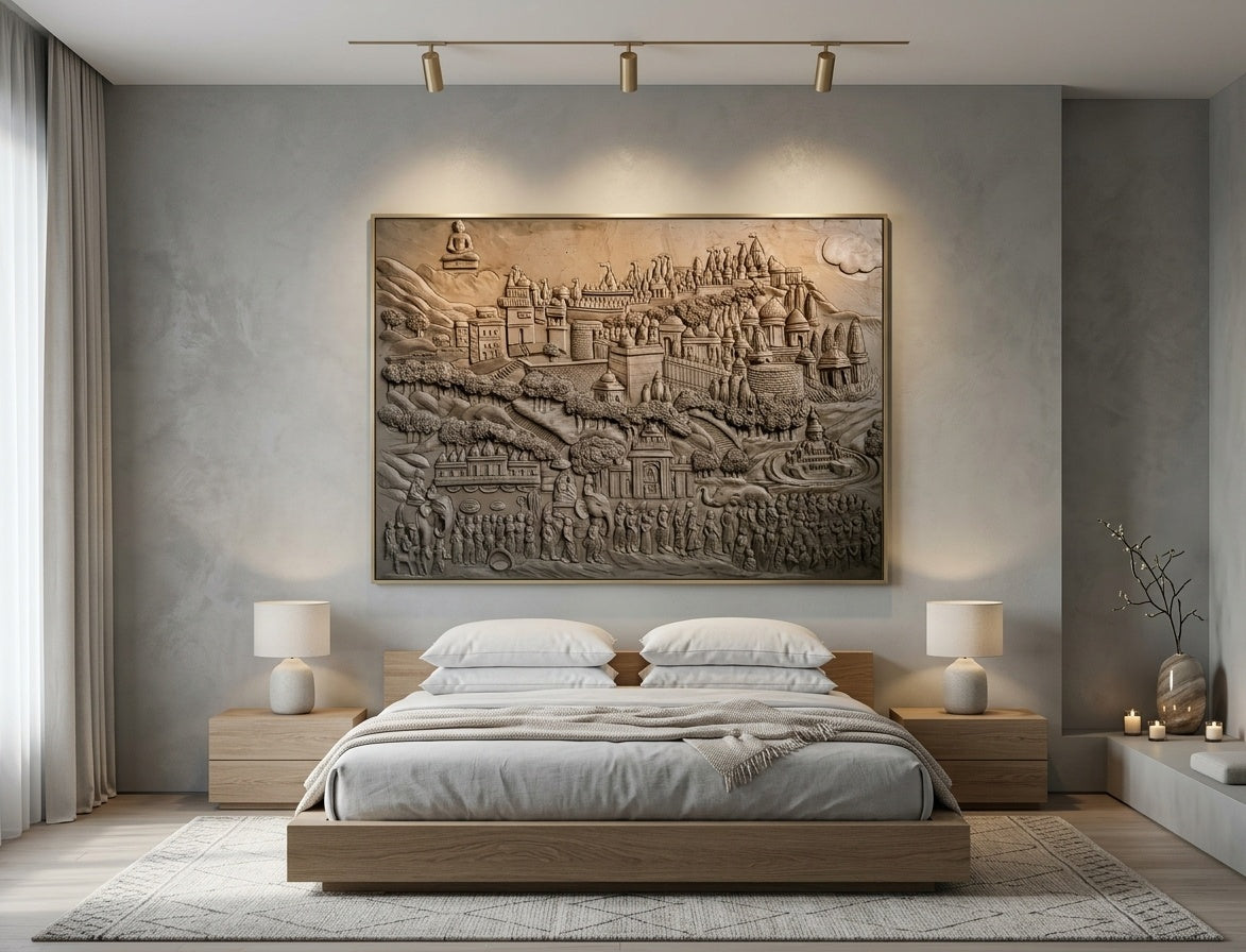 Sacred Temple Pilgrimage with Seated Buddha 3D Relief Sculpture Mural - Room Mockup 3